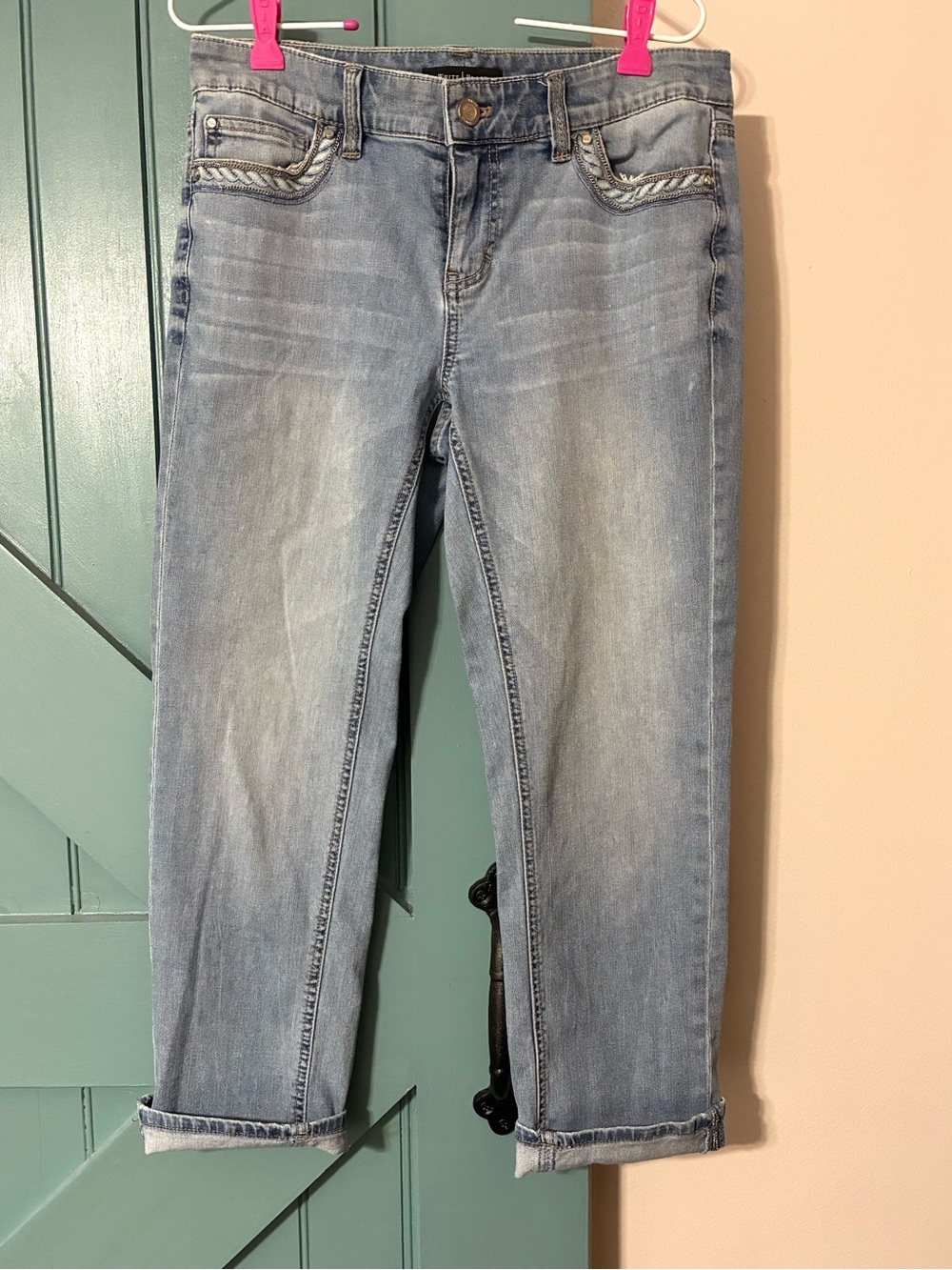 White House Black Market Light Wash Cropped Jeans with Braided Detail